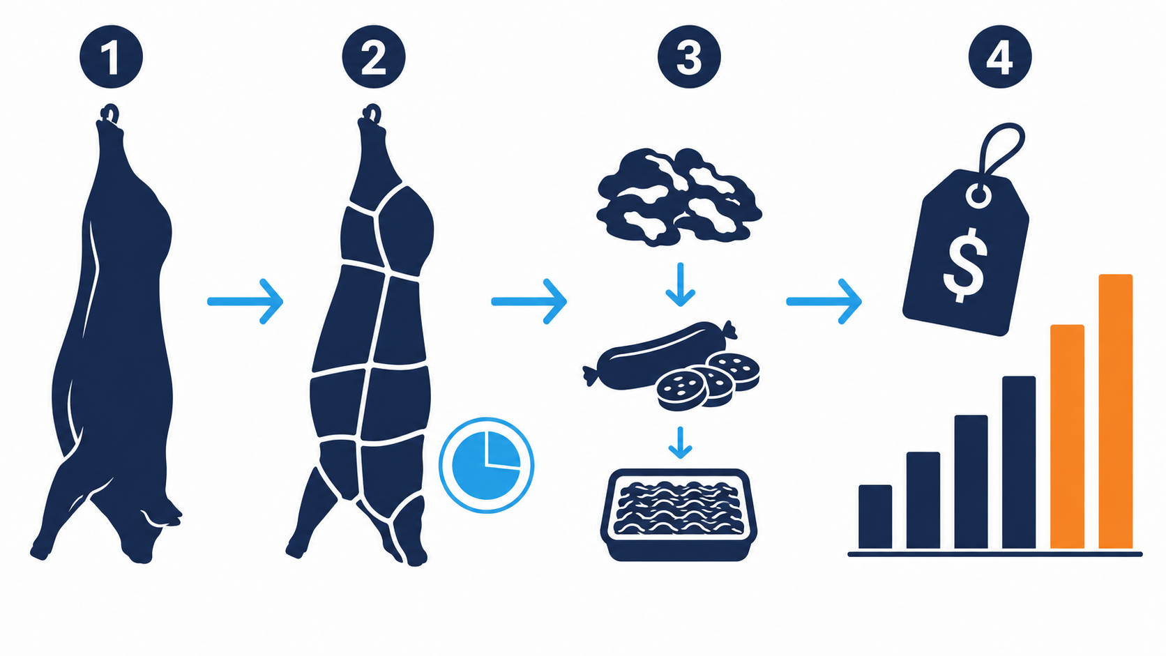Processus de valorisation d'une pi&egrave;ce de viande en boucherie : de la carcasse achet&eacute;e &agrave; la d&eacute;coupe avec rendement r&eacute;el et valorisation des chutes, jusqu'au calcul du prix de revient par produit et de la marge brute finale
