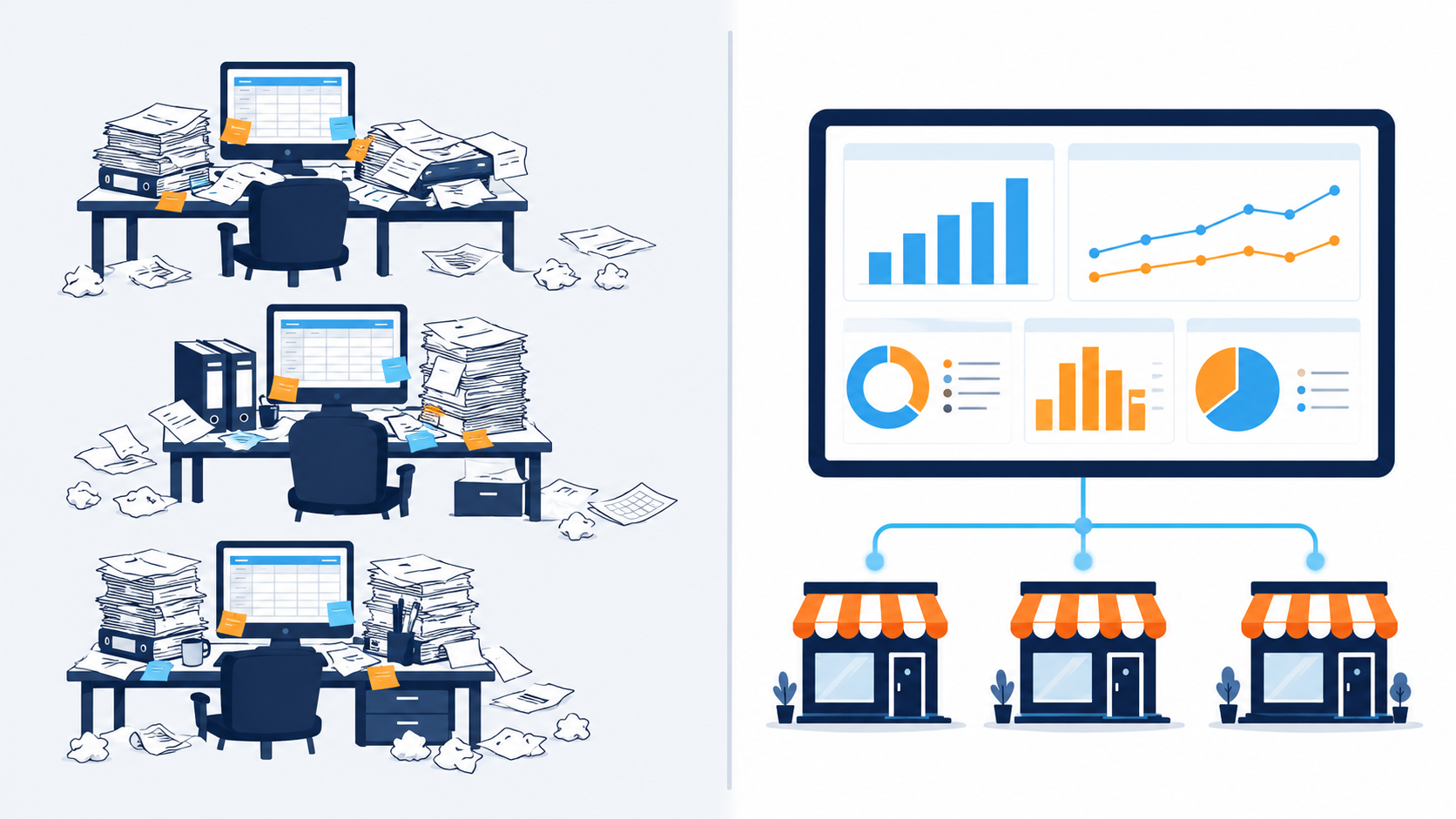 Comparaison visuelle entre une gestion s&eacute;par&eacute;e de plusieurs &eacute;tablissements avec des tableaux Excel disparates et un pilotage Master centralis&eacute; o&ugrave; un r&eacute;f&eacute;rentiel unique alimente le benchmark des sites et le reporting consolid&eacute; du r&eacute;seau