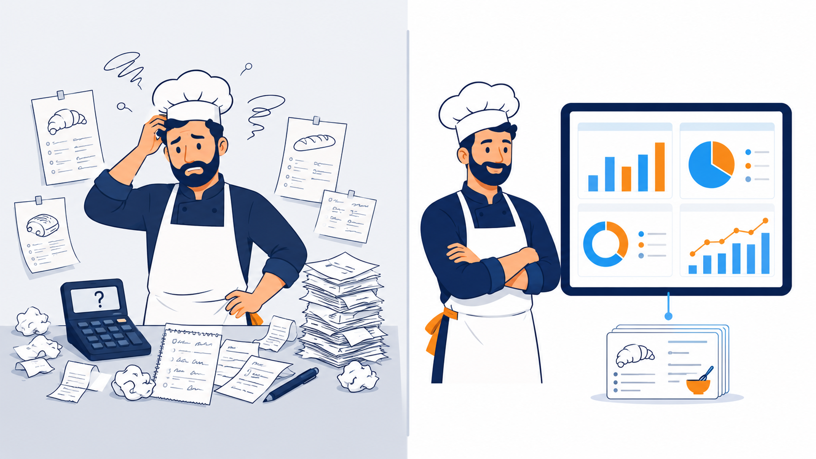 Comparaison visuelle entre un boulanger qui estime ses co&ucirc;ts de t&ecirc;te avec des fiches papier et un boulanger qui consulte un tableau de bord DionySols avec ses marges par recette calcul&eacute;es automatiquement