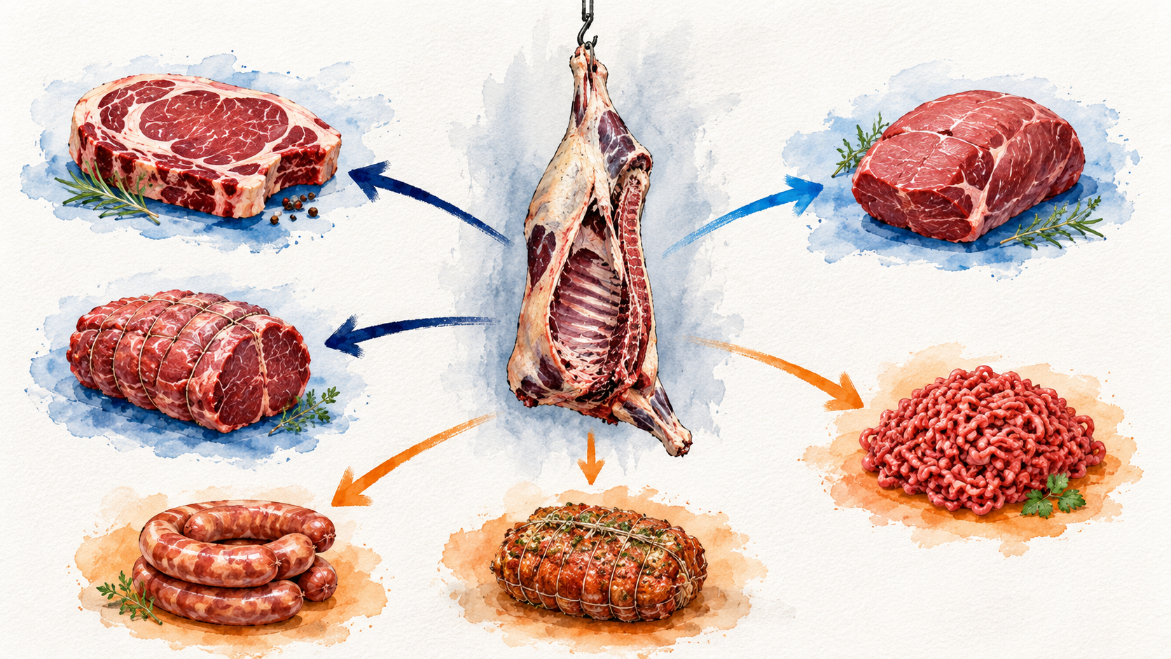 Illustration aquarelle d'une carcasse de b&oelig;uf au centre avec cinq fl&egrave;ches pointant vers diff&eacute;rentes d&eacute;coupes optimis&eacute;es : steak, r&ocirc;ti, hach&eacute;, saucisse et produit transform&eacute;