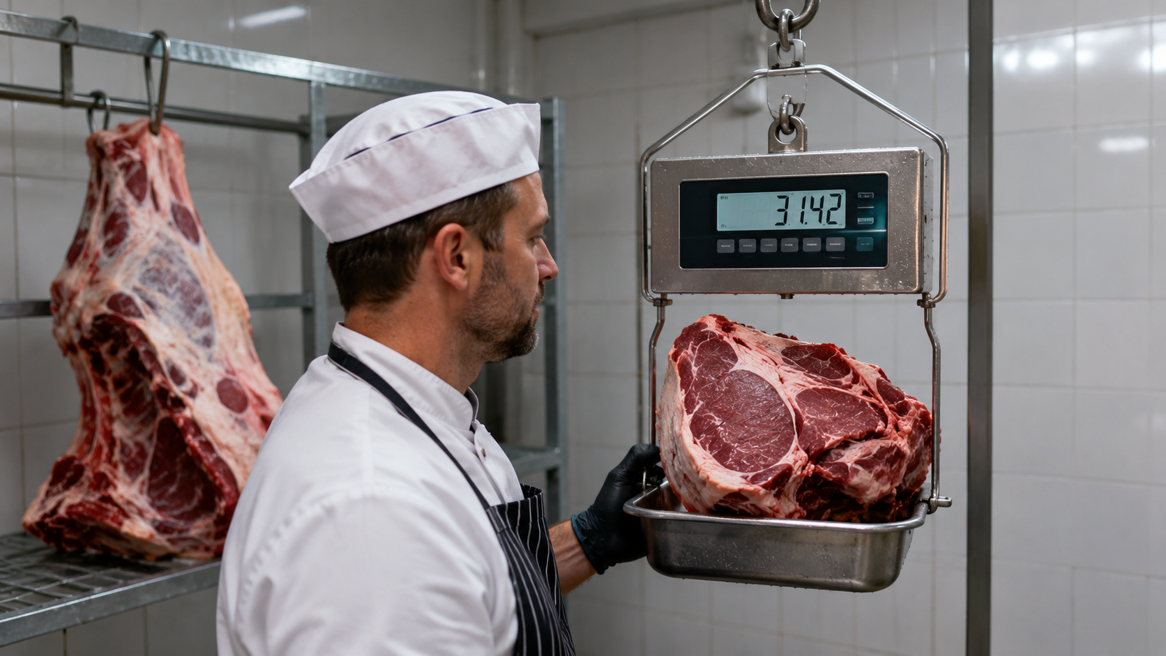 Boucher pesant un quartier de b&oelig;uf sur une balance en acier dans une chambre froide, avec le quartier brut non par&eacute; visible en arri&egrave;re-plan sur un rack m&eacute;tallique