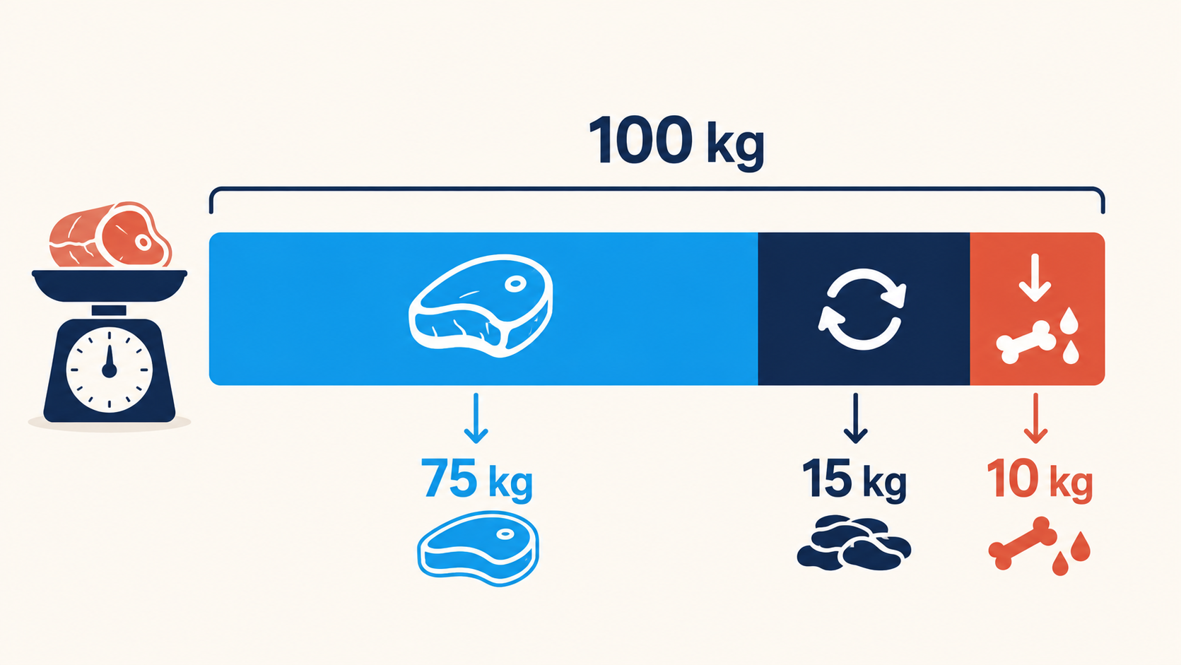 Infographie montrant une barre horizontale repr&eacute;sentant 100 kg de viande brute divis&eacute;e en trois segments : poids vendable en bleu, parures r&eacute;cup&eacute;rables en navy et pertes incompressibles en rouge-orang&eacute;