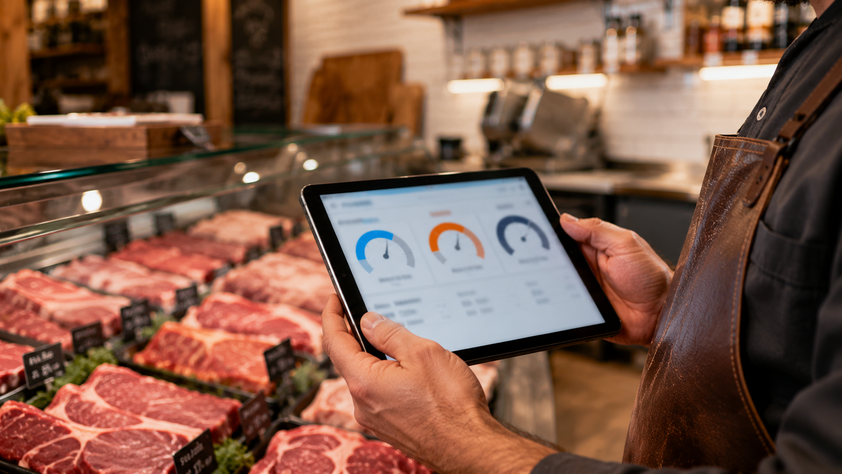 Boucher tenant une tablette num&eacute;rique affichant un tableau de bord avec trois indicateurs color&eacute;s &mdash; rendement en bleu, marge en orange et co&ucirc;t d'achat en navy &mdash; devant un comptoir vitrine de boucherie