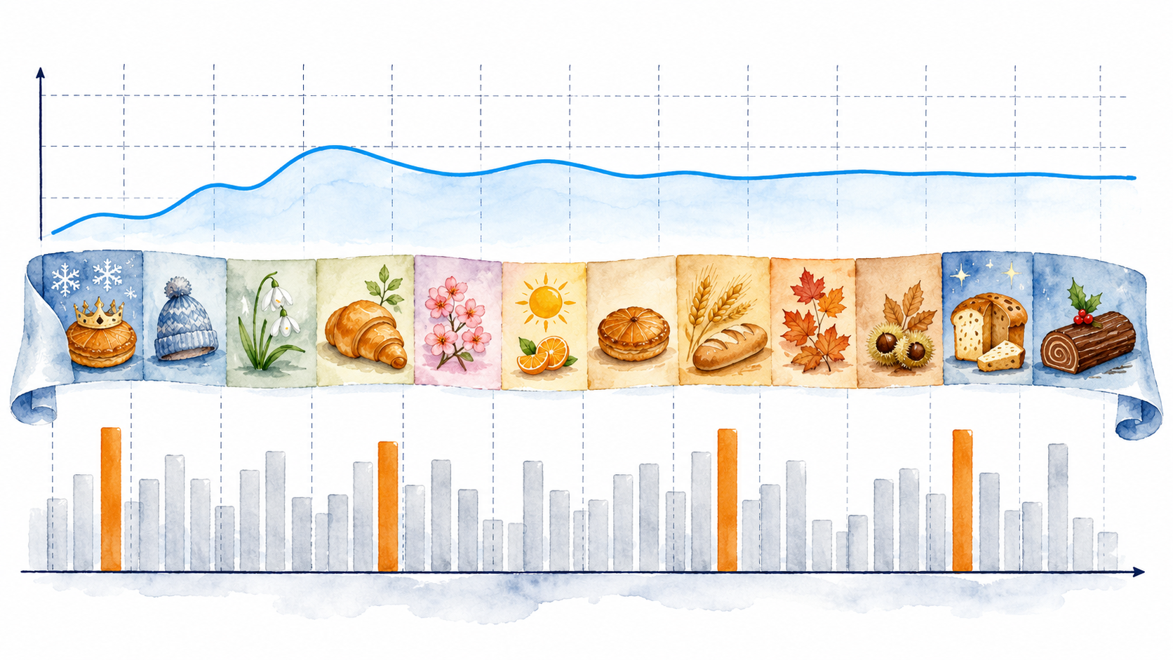 Analyse sur 12 mois glissants en boulangerie montrant le lissage des variations saisonni&egrave;res et la tendance r&eacute;elle de l&rsquo;activit&eacute; mois par mois