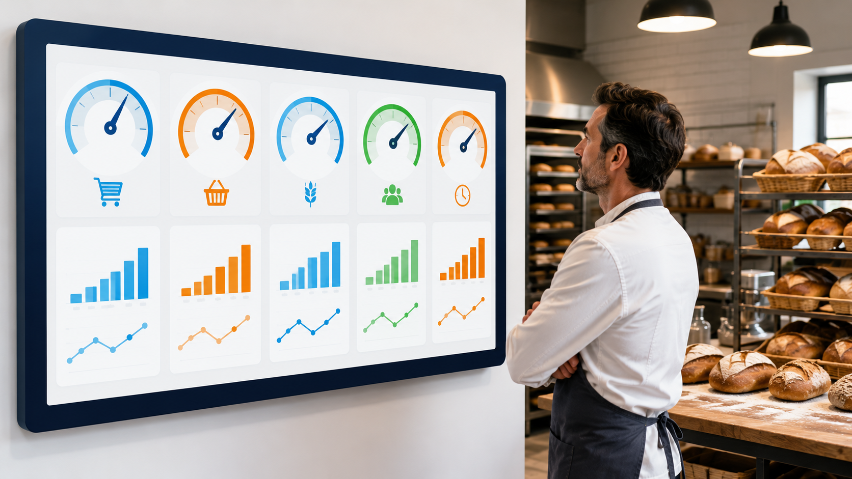 Tableau de bord boulangerie avec les cinq indicateurs cl&eacute;s de pilotage : nombre de tickets, panier moyen, co&ucirc;t mati&egrave;re, ratio masse salariale et productivit&eacute; par heure travaill&eacute;e