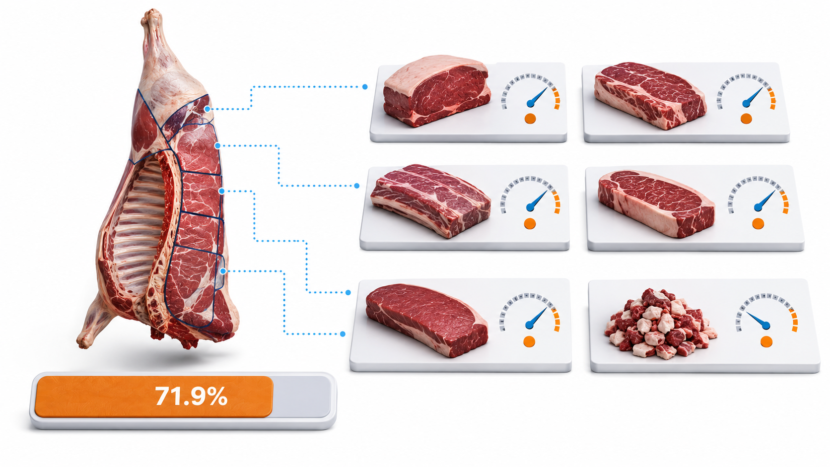 Sch&eacute;ma du rendement de d&eacute;coupe d&rsquo;une carcasse de b&oelig;uf en rayon boucherie supermarch&eacute; avec r&eacute;partition des pi&egrave;ces valorisables et calcul du prix de revient effectif au kg sorti