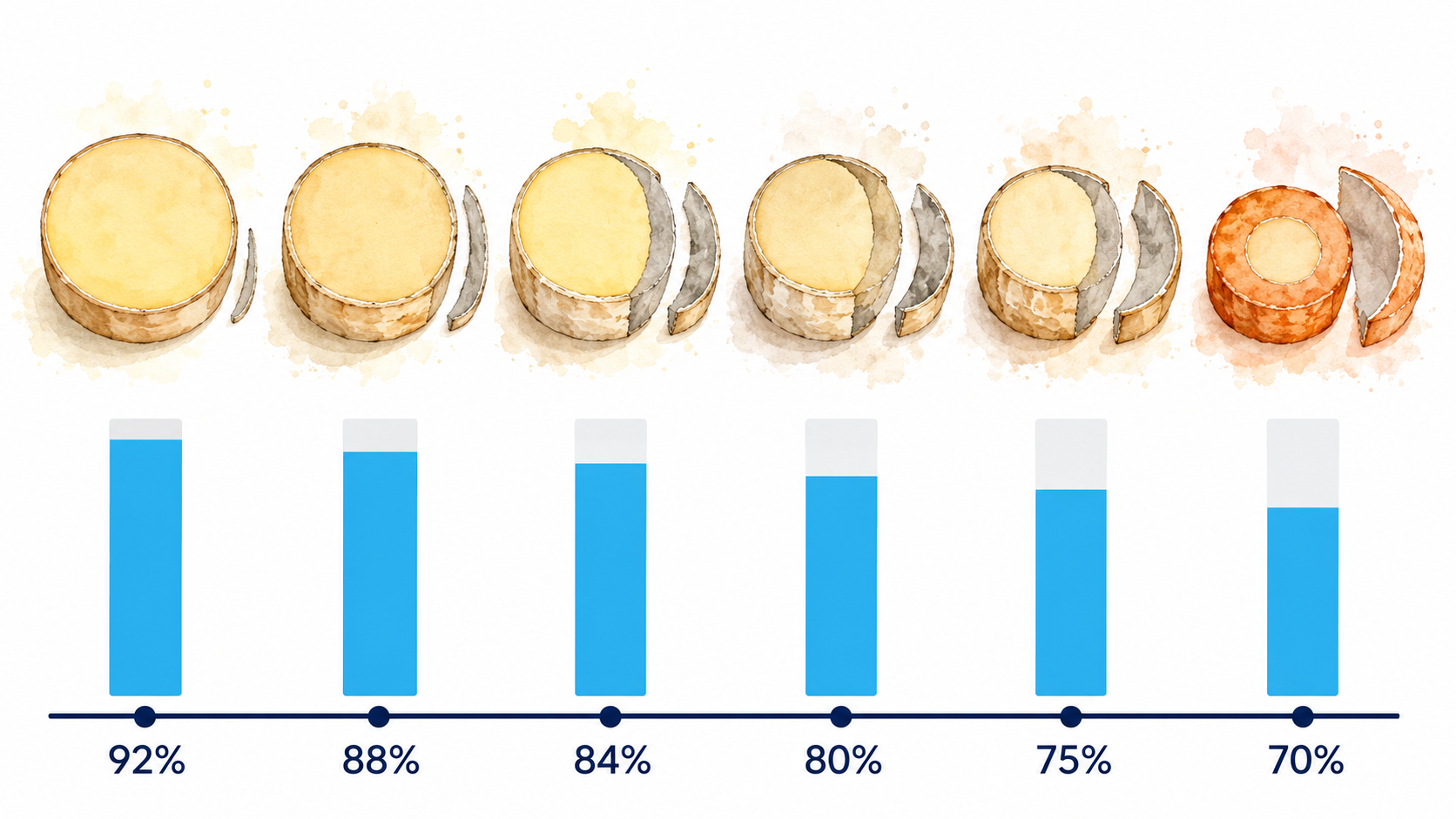 Rendement mati&egrave;re fromage par cat&eacute;gorie de p&acirc;te en rayon supermarch&eacute; : p&acirc;tes press&eacute;es cuites 85 &agrave; 92 pourcent, p&acirc;tes molles cro&ucirc;te lav&eacute;e 70 &agrave; 80 pourcent, pertes de parage et de dess&egrave;chement par famille