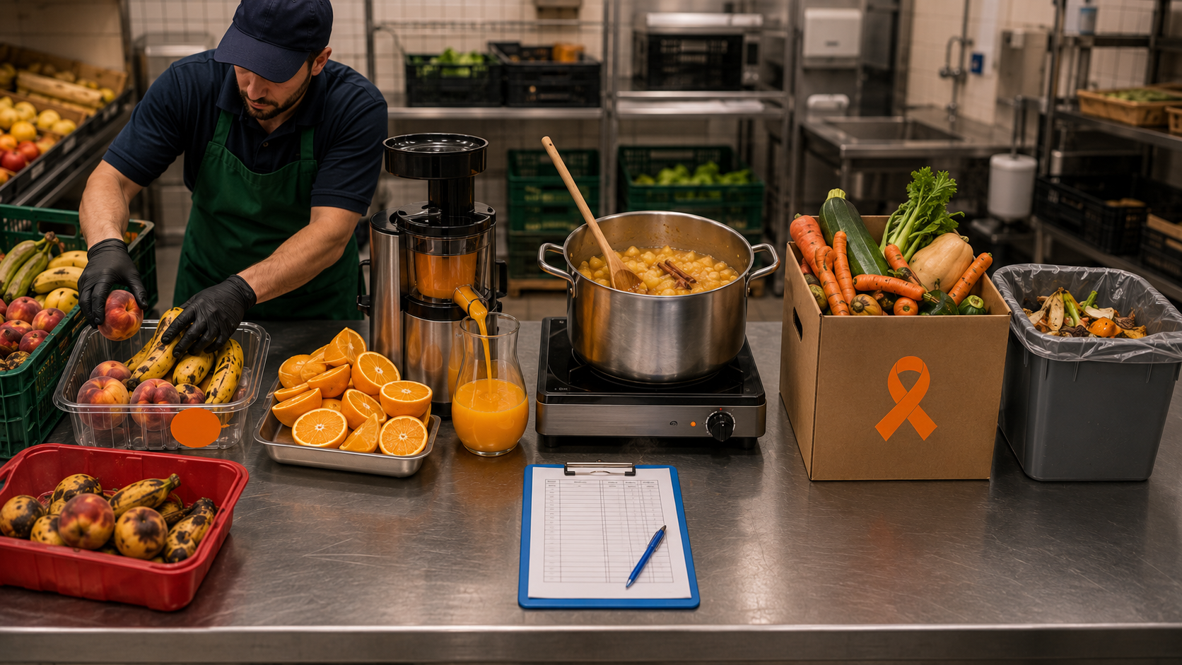 Les cinq voies de valorisation des invendus du rayon fruits et l&eacute;gumes en supermarch&eacute; : barquettes prix r&eacute;duit, jus press&eacute;s, compotes maison, dons solidaires et d&eacute;marque connue