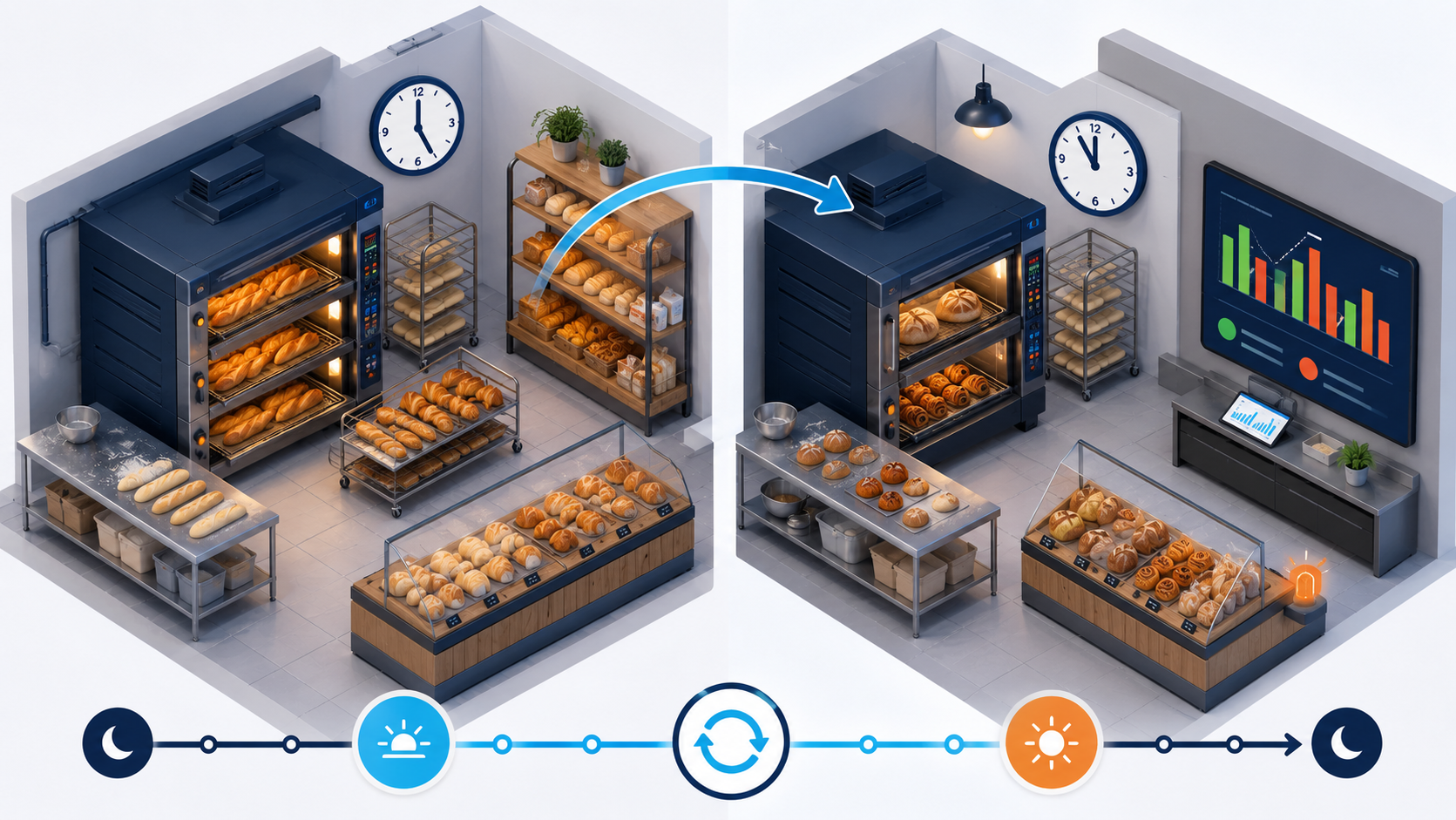 Sch&eacute;ma isom&eacute;trique du cycle de production bi-temporel d'une boulangerie de supermarch&eacute; montrant la fourn&eacute;e matinale &agrave; 5h et la seconde fourn&eacute;e &agrave; 11h avec un tableau de bord comparant quantit&eacute;s produites et vendues pour calibrer la production