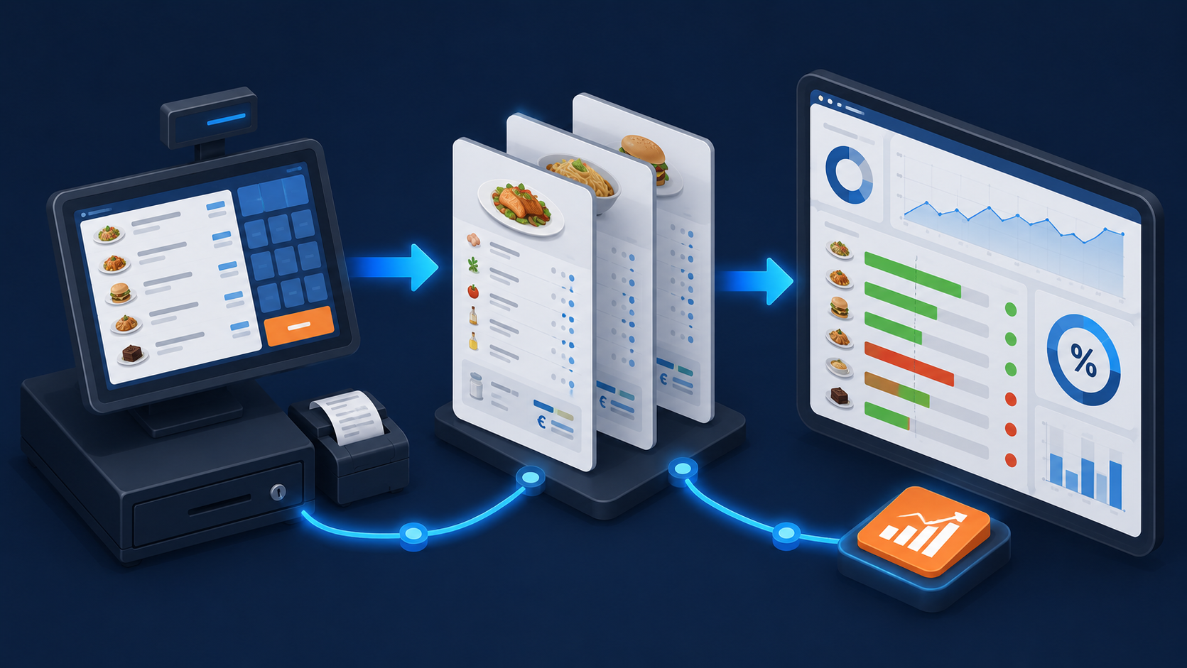 Flux de donn&eacute;es entre la caisse enregistreuse, les fiches techniques recettes et le tableau de bord DionySols montrant la marge brute calcul&eacute;e plat par plat pour un restaurant