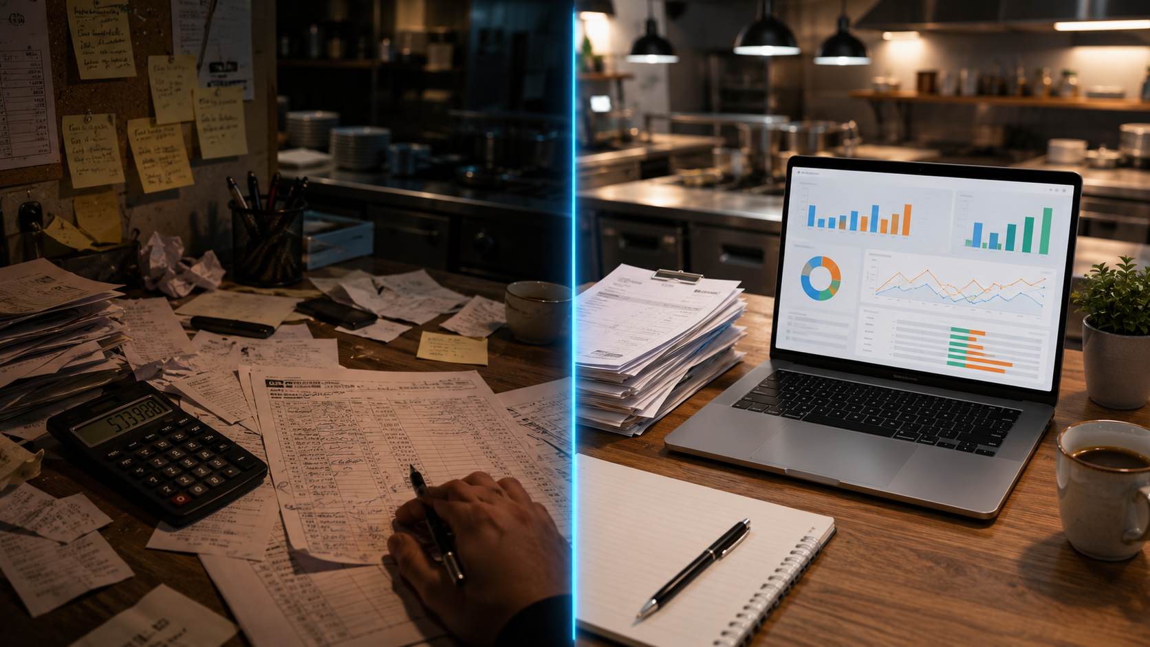 Comparaison avant et apr&egrave;s l'utilisation de DionySols dans un restaurant : passage d'un suivi de marge &agrave; l'intuition &agrave; un pilotage chiffr&eacute; plat par plat avec des indicateurs clairs