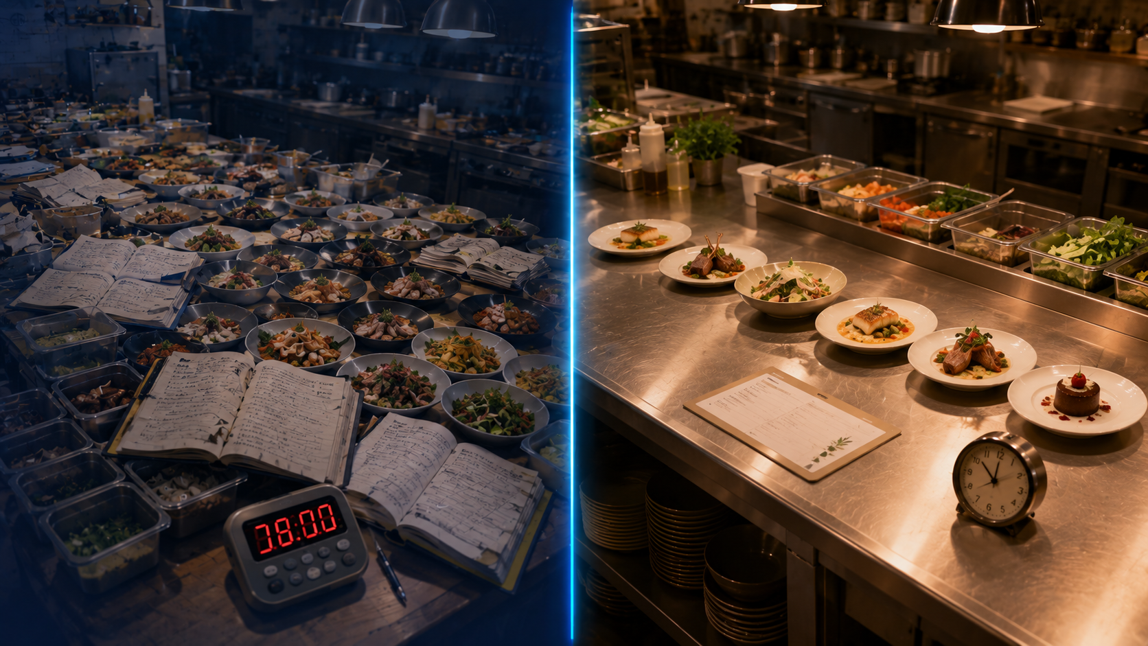 Comparaison avant et apr&egrave;s sur un passe de cuisine de restaurant : &agrave; gauche une carte trop large avec de nombreuses assiettes et ingr&eacute;dients &eacute;parpill&eacute;s, &agrave; droite une carte resserr&eacute;e avec six plats bien dress&eacute;s et une mise en place organis&eacute;e