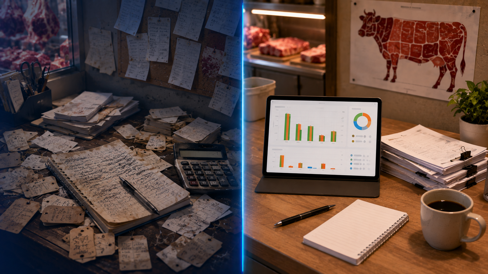 Comparaison avant et apr&egrave;s l&rsquo;utilisation de DionySols en boucherie : &agrave; gauche un bureau avec des notes manuscrites et un carnet ratur&eacute;, &agrave; droite le m&ecirc;me bureau organis&eacute; avec une tablette affichant les marges par d&eacute;coupe