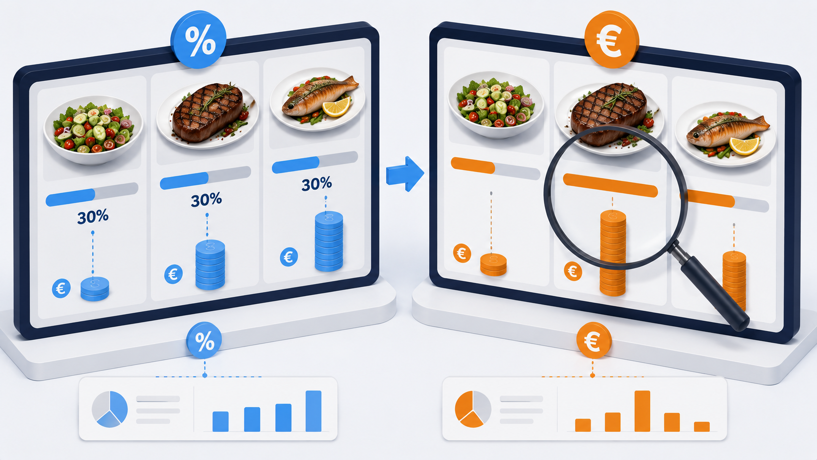 Sch&eacute;ma isom&eacute;trique comparant deux panneaux d&rsquo;analyse de rentabilit&eacute; de plats : &agrave; gauche le ratio co&ucirc;t mati&egrave;re identique &agrave; 30 % pour trois plats, &agrave; droite la marge en euros r&eacute;v&eacute;lant des contributions tr&egrave;s diff&eacute;rentes