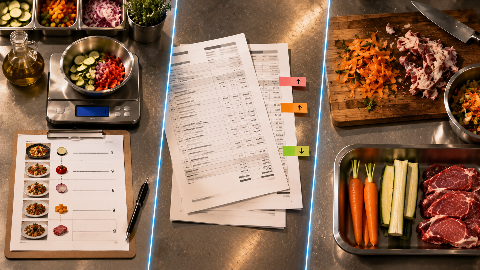 Vue du dessus d&rsquo;un plan de travail de restaurant montrant les trois leviers de ma&icirc;trise du co&ucirc;t mati&egrave;re : pes&eacute;e pr&eacute;cise des portions, suivi des factures fournisseurs et r&eacute;duction des pertes &agrave; la pr&eacute;paration