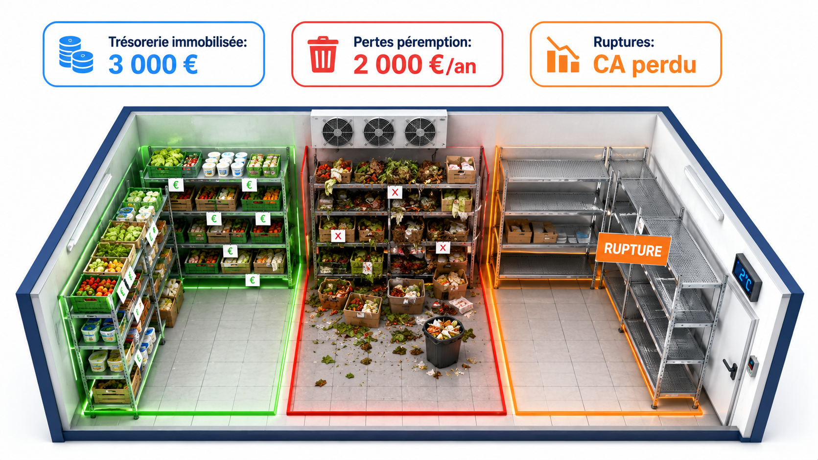 Illustration isom&eacute;trique d'une chambre froide divis&eacute;e en trois zones : une zone verte de stock ma&icirc;tris&eacute;, une zone rouge de pertes par p&eacute;remption avec produits p&eacute;rim&eacute;s, et une zone orange de rupture aux &eacute;tag&egrave;res vides, avec trois compteurs chiffrant la tr&eacute;sorerie immobilis&eacute;e, les pertes annuelles et le chiffre d'affaires perdu