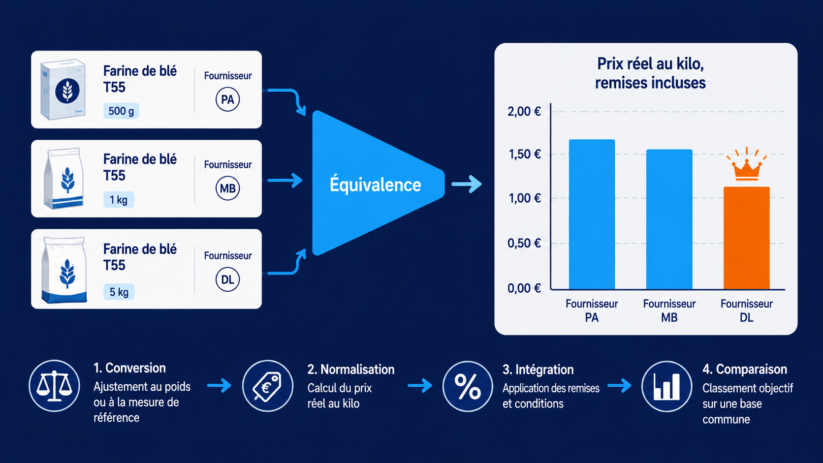 Schéma de normalisation des équivalences DySiarc : trois références fournisseurs aux libellés et conditionnements différents ramenées à une unité commune pour comparer les prix réels remises incluses et désigner le moins cher