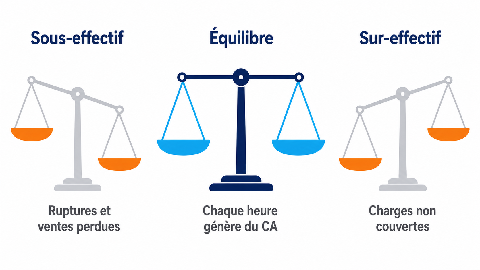 Trois situations d'effectif en boulangerie : sous-effectif, équilibre et sur-effectif, et leurs conséquences sur le résultat