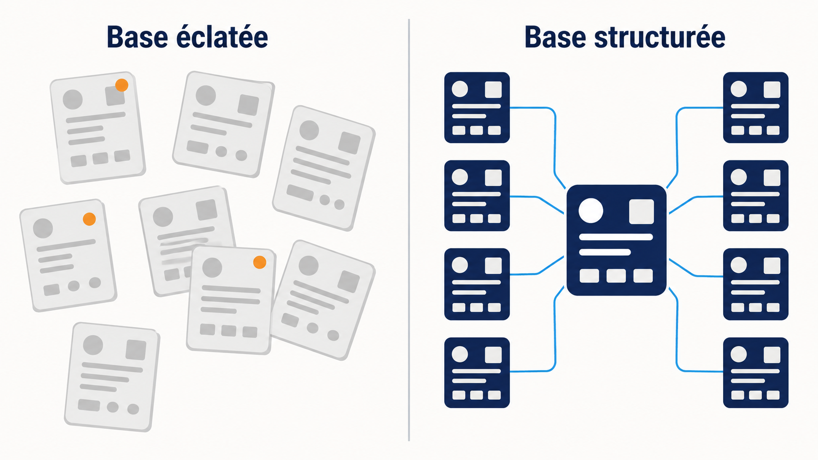 Comparaison entre une base fournisseurs traiteur &eacute;clat&eacute;e, faite de fiches dispers&eacute;es et de r&eacute;f&eacute;rences en doublon, et une base structur&eacute;e o&ugrave; chaque produit est reli&eacute; &agrave; une fiche fournisseur unique
