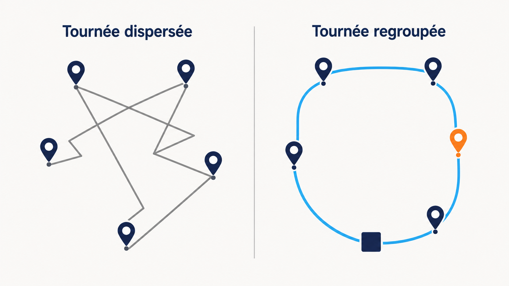 Comparaison entre une tourn&eacute;e de livraison traiteur dispers&eacute;e, aux trajets crois&eacute;s et mal ordonn&eacute;s, et une tourn&eacute;e regroup&eacute;e formant une boucle efficace au d&eacute;part du laboratoire