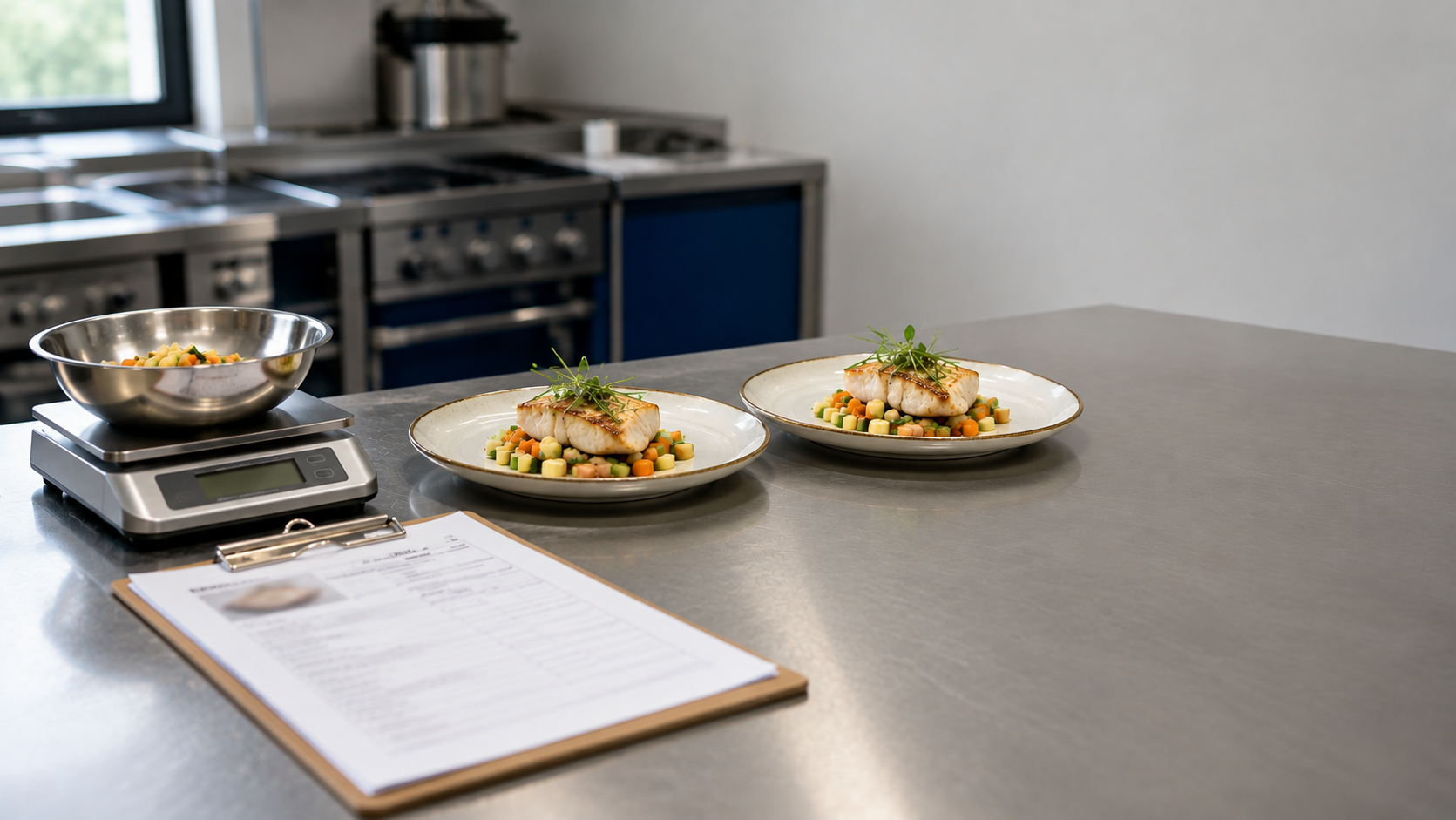 Plan de travail de cuisine professionnelle avec une fiche technique sur clipboard, une balance de pr&eacute;cision et deux assiettes dress&eacute;es &agrave; l'identique