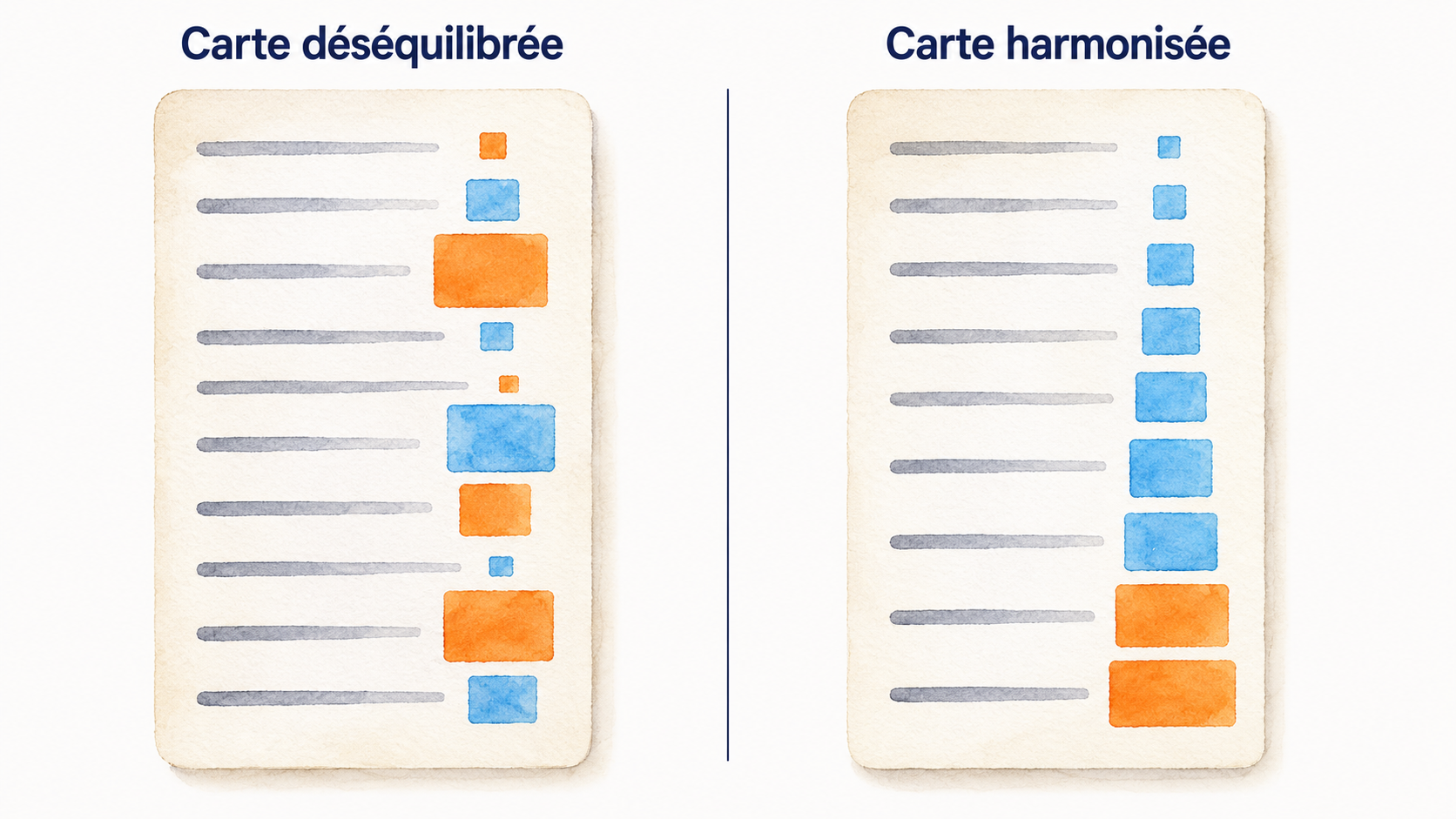 Comparaison de deux cartes de restaurant, l'une aux prix dispers&eacute;s de fa&ccedil;on incoh&eacute;rente, l'autre avec une progression tarifaire r&eacute;guli&egrave;re
