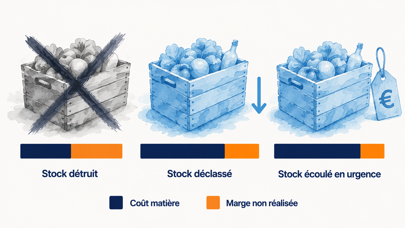 Les trois formes d'une perte froide en restauration - stock d&eacute;truit, stock d&eacute;class&eacute; et stock &eacute;coul&eacute; en urgence - avec la part de co&ucirc;t mati&egrave;re et de marge non r&eacute;alis&eacute;e de chacune