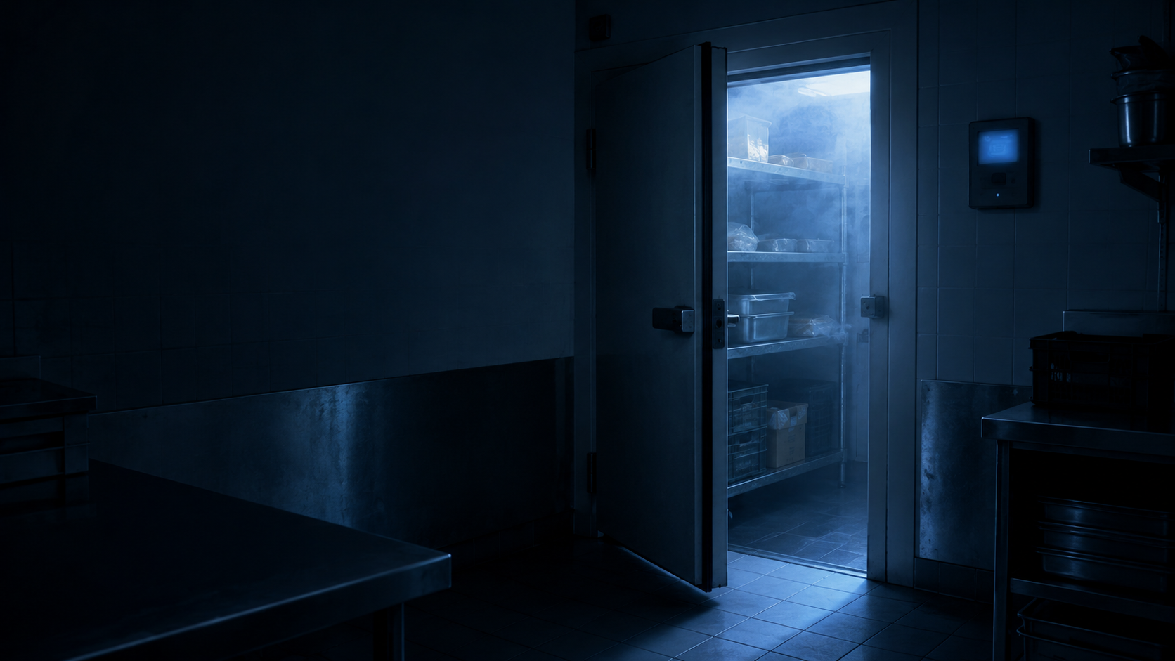 Chambre froide de restaurant photographi&eacute;e de nuit, porte entrouverte, sans personnel pr&eacute;sent, illustrant une panne survenue hors service