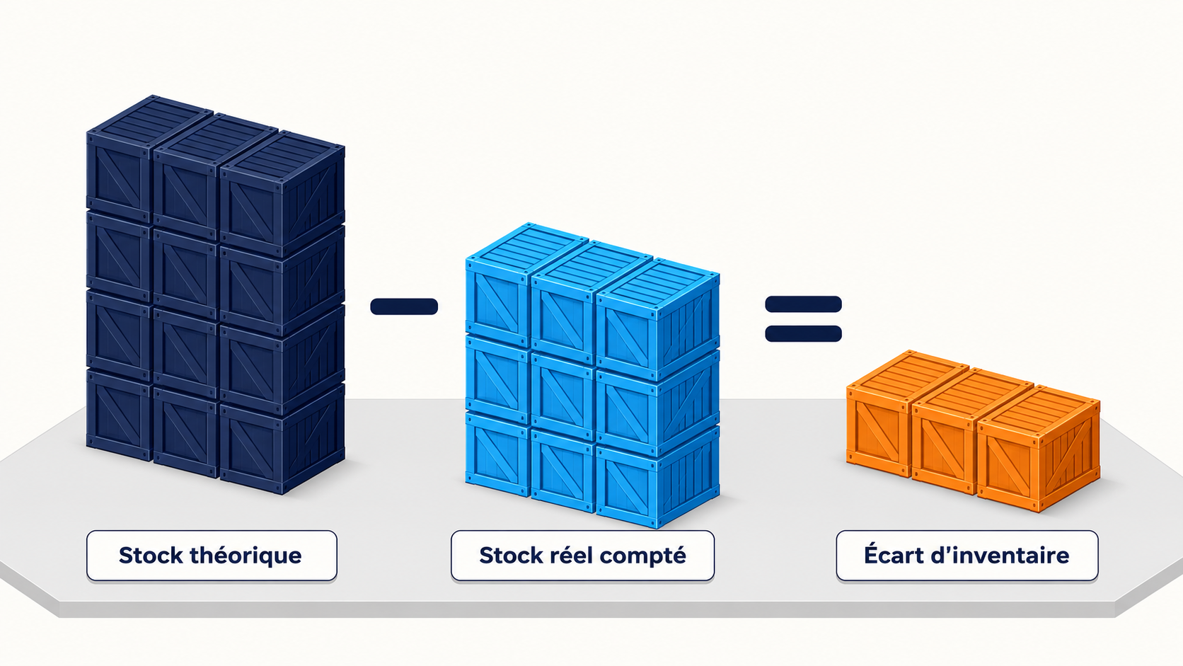 Illustration isom&eacute;trique comparant trois colonnes de caisses : douze caisses pour le stock th&eacute;orique, neuf pour le stock r&eacute;el compt&eacute;, trois pour l'&eacute;cart d'inventaire qui en r&eacute;sulte