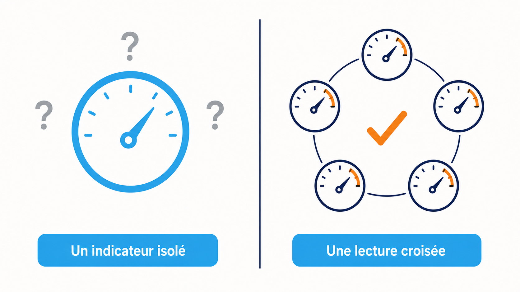 Infographie en deux volets : &agrave; gauche une jauge isol&eacute;e entour&eacute;e de points d'interrogation, &agrave; droite cinq jauges reli&eacute;es entre elles en anneau formant une lecture crois&eacute;e